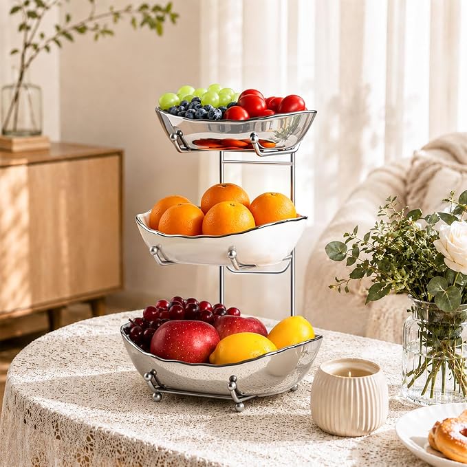 3 Tier Fruit Basket for Kitchen Counter, Detachable Ceramic Fruit Bowl Set with Metal Stand, Tiered Fruit Holder for Fruit Vegetable Dessert Storage, Countertop Organizer for Home, Silver - Image 8