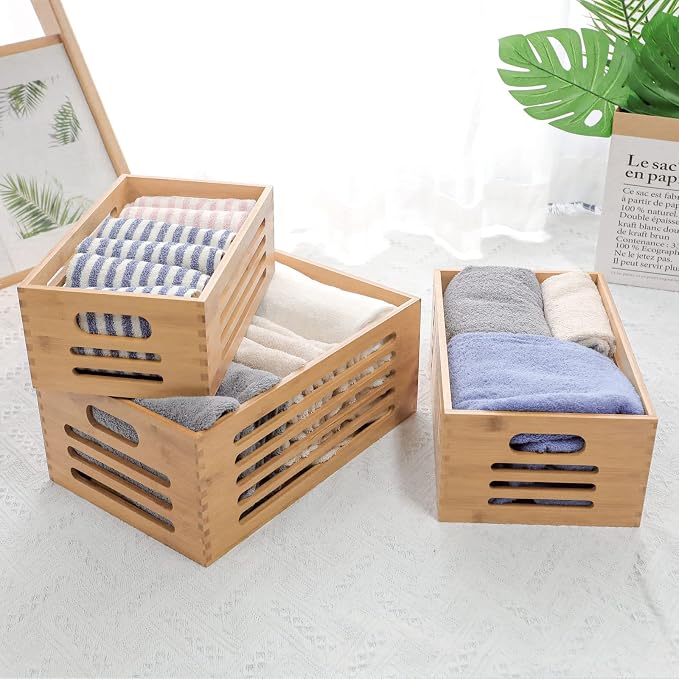 ANMINY Wood Storage Bins Crates, Nesting 3PCS, Mortise-Tenon | Natural Bamboo Boxes Bins with Built-in Handles, Sturdy Corner Joints, Hollow Stripe Design, Nestable for Pantry Shelf - Image 8