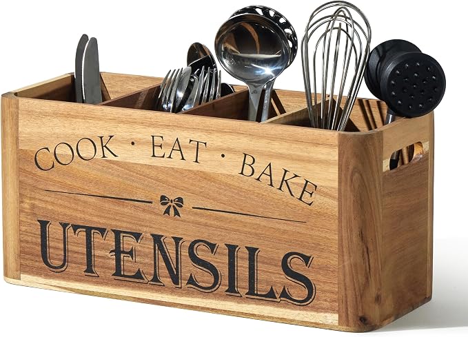 Utensil Holder for Kitchen Countertop - Extra Large 4 Compartment Wooden Organizer in Acacia Wood, Storage for Cooking Tools and Cutlery, Farmhouse Style for Home Cooking - Image 9
