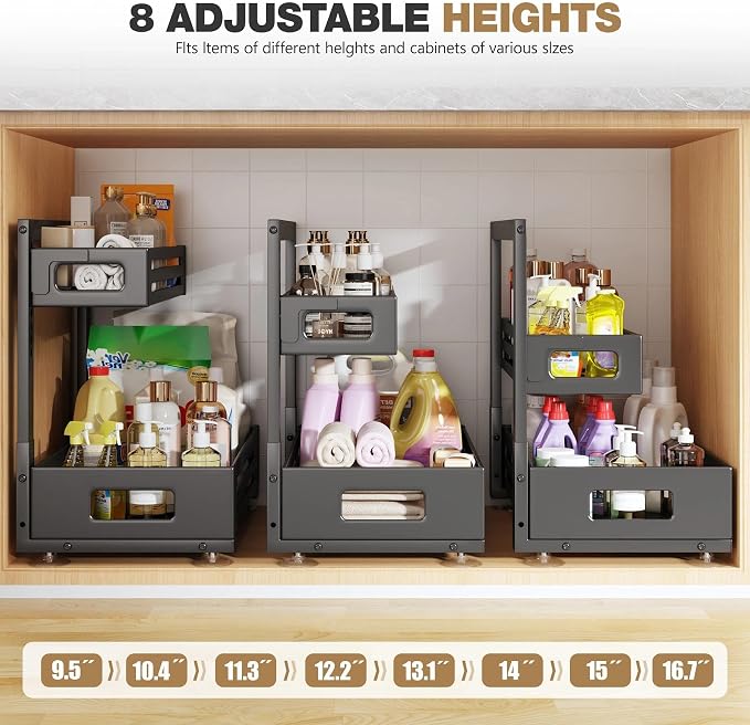 2 Pack 17IN-Depth Under Sink Organizer,Pull Out Cabinet Organizer With Smooth Cylindrical Rail,Metal Slide Out Drawer for Kitchen Bathroom Laundry,8-Level Tool Free Height Adjustable-Black - Image 9