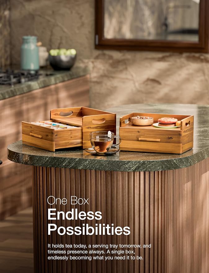 Tinamo Acacia Wooden Tea Box Organizer with Drawer – Tea Chest for Tea Bags Storage – Tea and Coffee Organizer - Wooden Tea Tray and Containers for Countertop Display (Acacia) | Solid Acacia Wood, No assembly, Holds up to 100 tea bags, Non-slip, Smooth... - Image 7