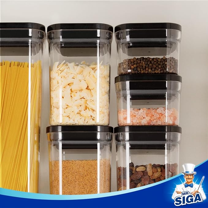 MR.SIGA 6 Piece Airtight Food Storage Container Set for Pantry Organization | BPA Free, stackable, one-handed kitchen storage containers for cereals, spaghetti, pasta, black - Image 6