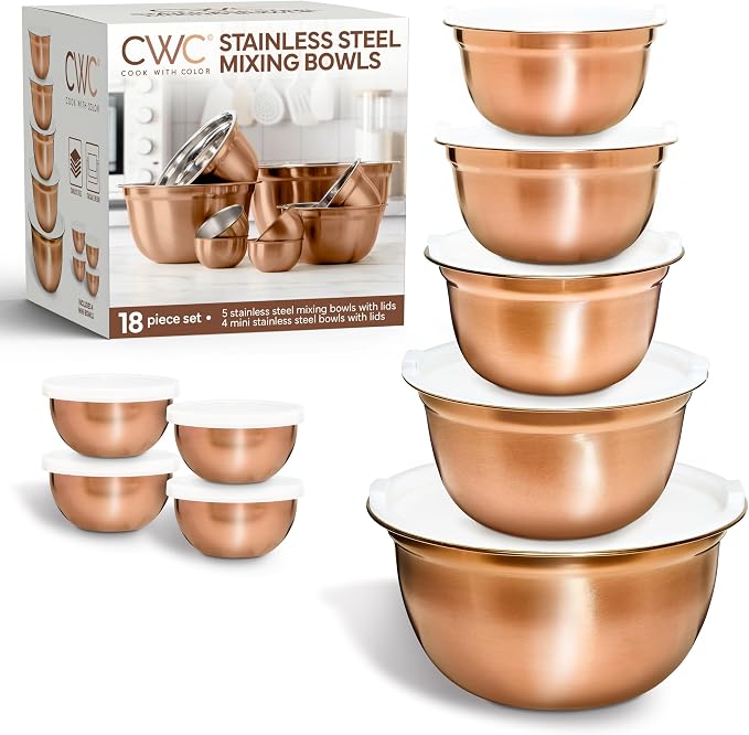 COOK WITH COLOR 18 Piece Mixing Bowls Set with Airtight Lids, Stainless Steel Bowl Organizers, Food Storage Containers, Meal Prep, Nesting Salad Bowls For Cooking, Baking, Kitchen Use, Copper - Image 9