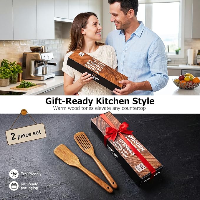 Wooden Spoons for Cooking, 2-Piece Teak Wood Kitchen Utensil Set, Nonstick Safe Wooden Spatulas, Smooth Heat-Friendly Cooking Utensils for Everyday Meals (A02) - Image 9