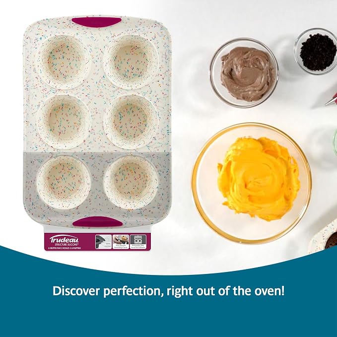 Trudeau Structure White Confetti 6-Cup Jumbo Muffin Pan – Premium Steel-Reinforced Silicone Bakeware, Nonstick BPA-Free Cupcake & Muffin Mold – Oven, Freezer & Dishwasher Safe - Image 6