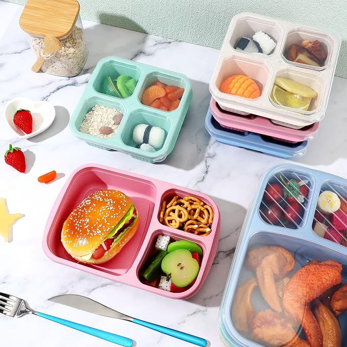 Yaomiao 16 Pack Bento Lunch Box 3 and 4 Compartment Wheat Straw Meal Prep Containers Divided Snack Containers Plastic Reusable Food Storage with Transparent Lids for Work Travel Picnic - Image 6