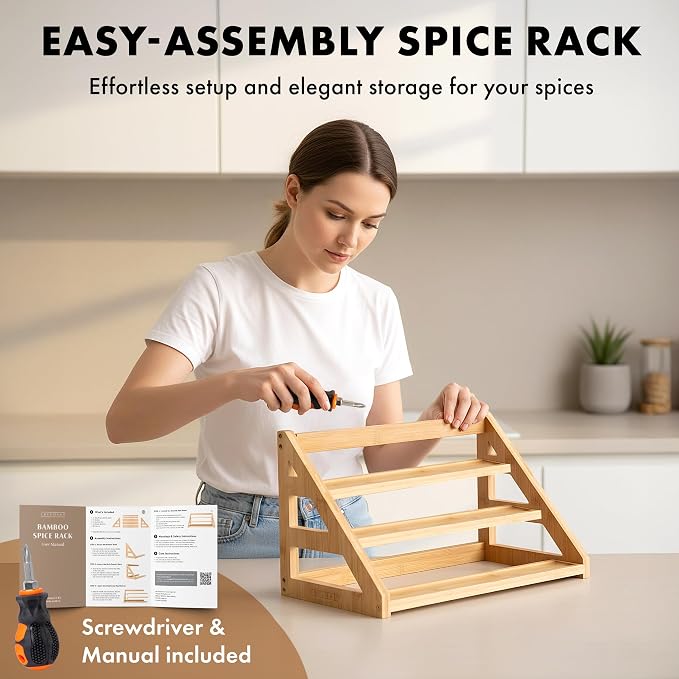 3 Tier Bamboo Spice Rack Organizer for Cabinet – Fits 24 Spice Jars, 17.5” Wide Countertop & Cabinet Organizer for Kitchen Organization, Seasoning Organizer Shelf (Jars Not Included) - Image 7