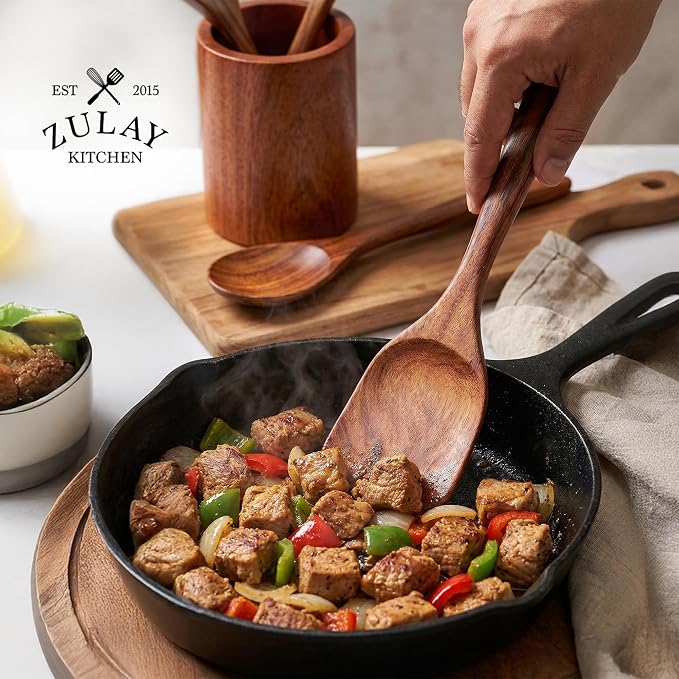 Zulay Kitchen 7-Piece Wooden Cooking Spoons Set – Heat-Resistant, Smooth Teak Utensils with Comfort Grip – Lightweight & Durable – Easy to Clean, Perfect for Non-Stick Cookware - Image 9