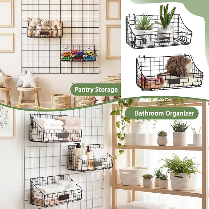 Blulu 4 Pcs Black Grid Wall Baskets, Metal Wire Wall Basket with Hooks Hanging Storage Organization Accessory for Vendor Trade Shows Kitchen Bathroom Pantry Supplies(15 x 7 x 6 Inch) - Image 7