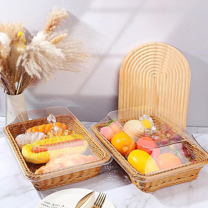 Mumufy 2 Pack Wicker Large Bread Basket with Acrylic Lid Housewarming Gift Woven Rectangular Imitation Rattan Fruit Basket with Cover for Serving Food Display Tabletop Home Kitchen(13.78x9.84'') - Image 6