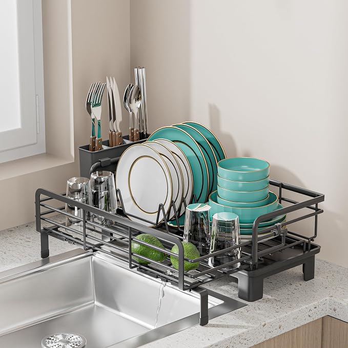 Small Dish Drying Rack - Extendable Dish Rack for Kitchen Counter, Rustproof Dish Drainers with Utensil Holder, Perfect for Apartments, RVs and Small Spaces,16.5" D x 7.5"-12.5" W x 6.5" H - Image 8