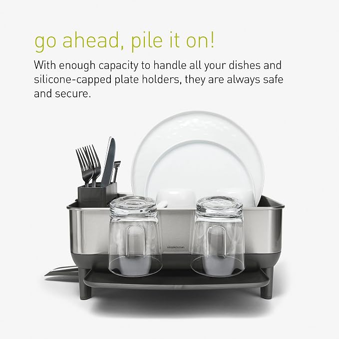 simplehuman Steel Frame Dishrack, Compact Dish Drying Rack for Small Kitchens, 360º Easy Drain Swivel Spout, Anti-Residue Coating, Moisture Control Surface, Brushed Stainless Steel - Image 6