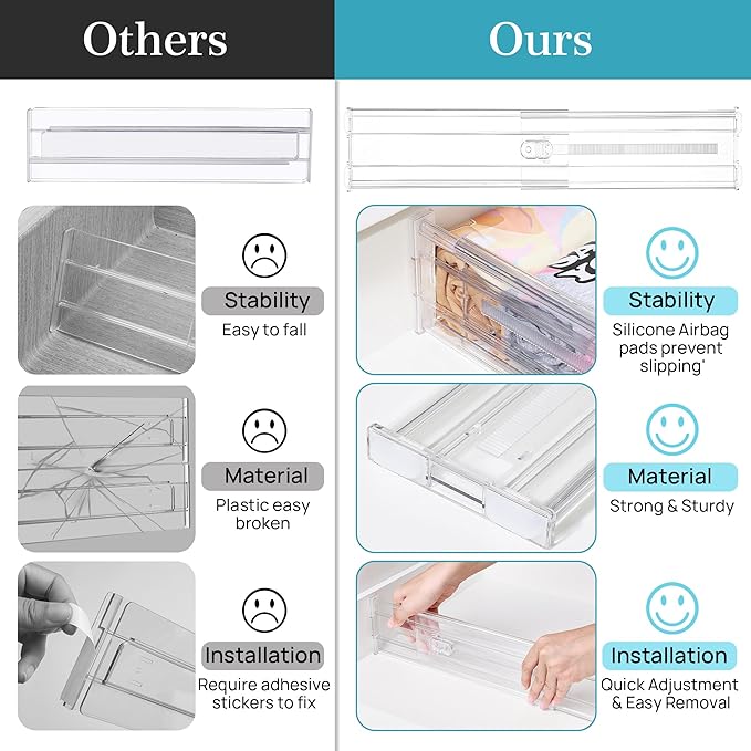 Vtopmart 12 Pack 4" Regular Upgrade Drawer Dividers for Clothes, 12.8"-22.3" Expandable Dresser Drawer Organizer, Clear Plastic Separators for Dresser, Baby Clothing, Underwear, Cosmetic, Toiletries - Image 8