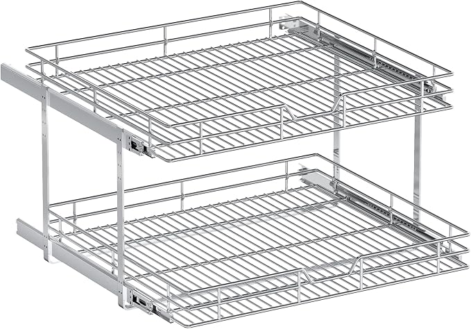 2-Tier Pull Out Cabinet Organizer, 25.5" W x 21.5" D, Heavy Duty Dual Slide Out Shelves for Wide Base Cabinets, Chrome Wire Basket Drawer for Pots, Pans, Pantry & Cleaning Supplies - Image 9