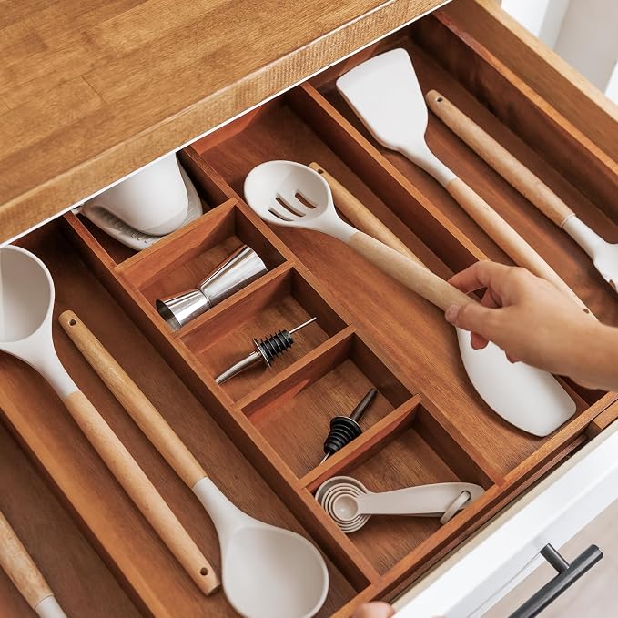 Utensil & Junk Drawer Organizer, 16-28 in, Acacia | Food-safe contract grade, 100% sustainable wood, non-slip, adjustable - Image 7
