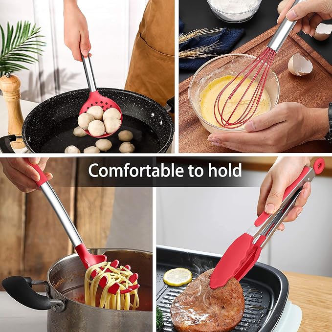 LIANYU 15-Piece Cooking Kitchen Utensils Set with Holder | Silicone Kitchen Tools Stainless Steel Handle, Slotted Spatula Spoon Turner Tong Whisk Brush for Cooking, Red - Image 6