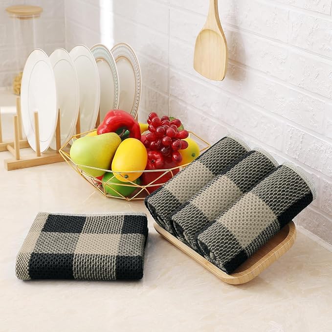 Homaxy Kitchen Towels and Dishcloths Set, Set of 10, Black & Tan | Bulk Cotton Waffle Weave Check Plaid Kitchen Towels, Super Soft and Absorbent Dish Cloths, 12 x 12 and 13 x 28 Inches - Image 8