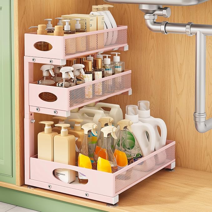 Kitstorack Under Sink Organizer 3-Tier Slide Out Drawer 1-Pack Pink | Height Adjustable, Metal Mesh Storage Rack, Pull out Cabinet Organizer Shelf for Bathroom Kitchen Pantry Home Organization by Kitstorack