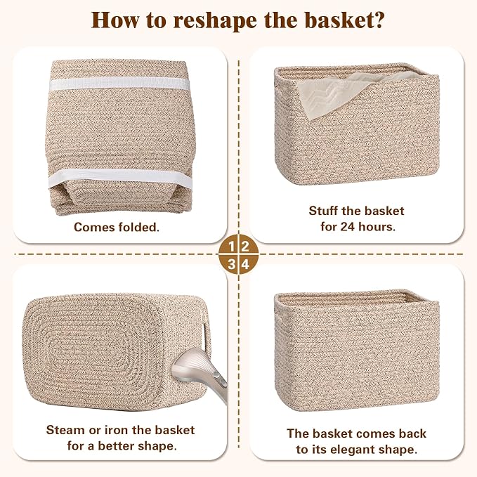 Storage Baskets for Organizing, 4 Pack Baskets for Shelves, Decorative Storage Bins for Shelves, Cotton Rope Storage Basket with Handles, Woven Basket for Storage, 13''Lx8.7''Wx7.9''H, Brown - Image 8