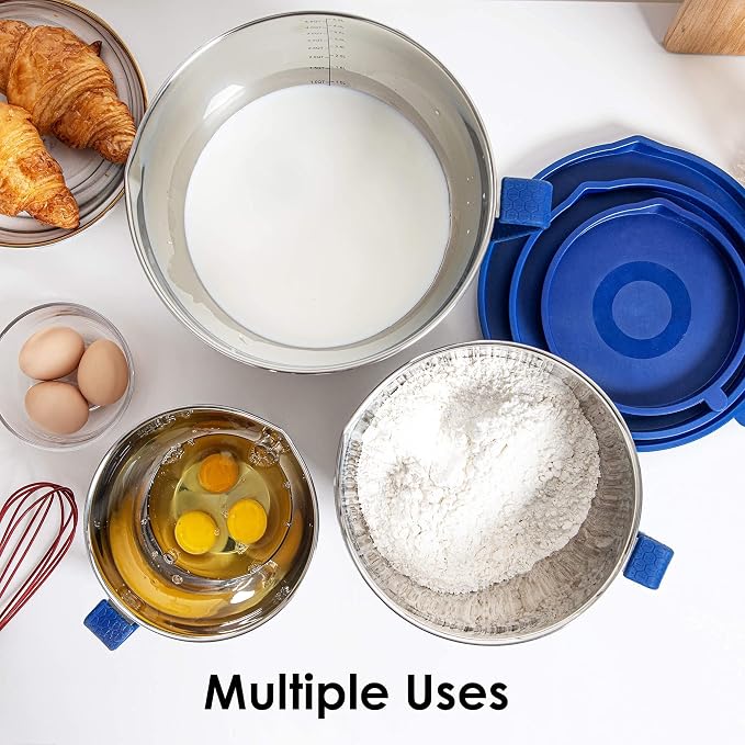 Stainless Steel Mixing Bowls Set with Lids,1.5,3 & 5 Qt,Blue | Non-Slip Silicone Base,Precision Pour Spout,Ergonomic Easy-Grip Handle,Measurement Marks,Airtight Lids,Cooking & Meal Prep - Image 7