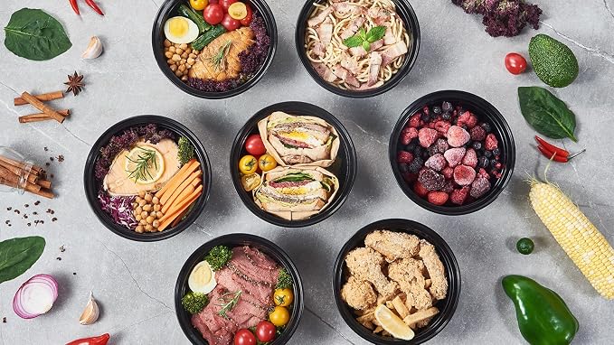 38 oz 50 ct Round Meal Prep Containers with Lids Plastic Food Storage To Go Lunch Plan Box Disposable Take Out Bowls Black BPA Free Reusable Durable Stackable Microwave Freezer Dishwasher Safe - Image 7