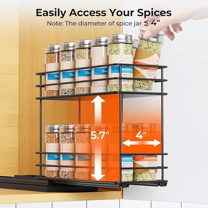 Mystozer Pull Out Spice Rack Organizer for Cabinet, Slide Out Spice Racks, Easy to Install, 4.33" Wx10.43 Dx8.66 H, 1 Drawer 2 Tiers(Black) - Image 8