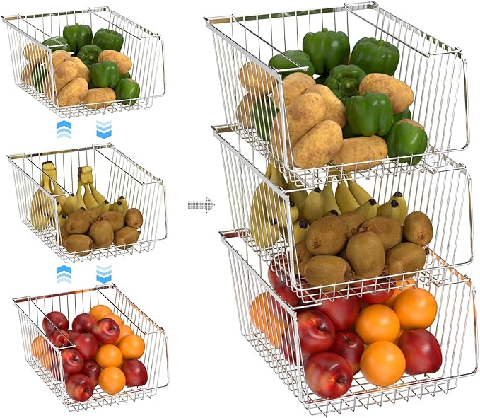 Wire Storage Baskets Stackable Organizer Basket Bins Stacking Household Wire Baskets with Handles Storage Organization for Kitchen, Pantry, Bathroom, Cabinets, Closets, Bedrooms, Set of 2 - Image 5