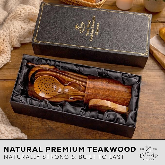 Zulay Kitchen 15-Piece Teak Wooden Utensils for Cooking - Natural Teak Utensil Set with Premium Gift Box - Non-Stick Wooden Spoons for Cooking - Kitchen Gift Set - Comfortable Grip Wooden Utensil Set - Image 9