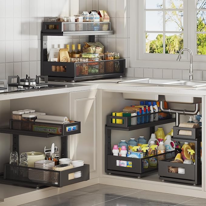 2 Pack 18.5IN-Depth Under Sink Organizer With Next-Gen Ball-Bearing Slides,2-Tier Pull Out Cabinet Storage,Height Adjustable Drawer Shelf for Bathroom,Kitchen,Laundry,Cabinet,Pantry-Black - Image 8