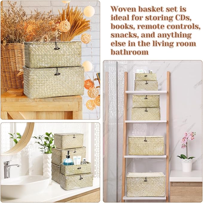 6 Pcs Seagrass Basket with Lid Wicker Storage Decorative Boxes with Lids Bin Woven Organizer for Shelf Closet Bedroom, 6 Sizes(Classic Style,White) - Image 7