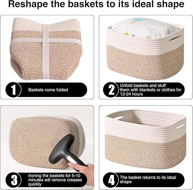 ICERZCZ Storage Baskets for Shelves, Woven Storage Basket, Bins for Cube Storage, Cotton Rope Basket with Handles for Toy, Book, and Clothes Living Room, (4 Packs) Off White & Brown - Image 7