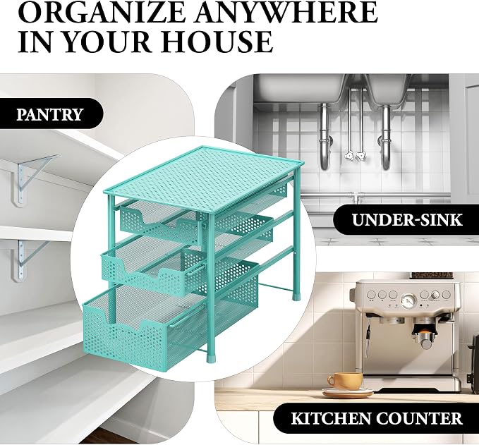 Simple Houseware Stackable 3 Tier Slide Basket Organizer Drawer, Turquoise - Image 8