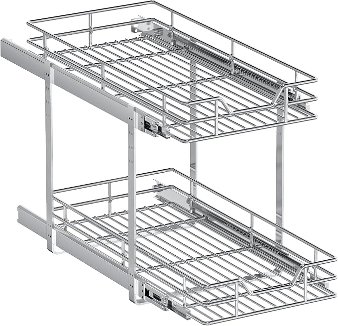 2-Tier Pull Out Cabinet Organizer, 11.5" W x 21.5" D, Heavy Duty Dual Slide Out Shelves for Narrow Base Cabinets, Chrome Wire Basket Drawer for Spices, Bottles & Snacks - Image 9