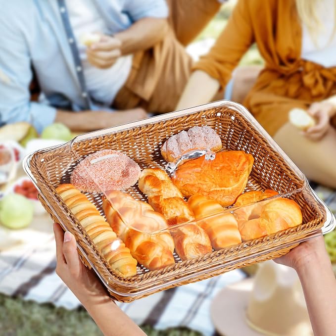 Mumufy 2 Pack Wicker Large Bread Basket with Acrylic Lid Housewarming Gift Woven Rectangular Imitation Rattan Fruit Basket with Cover for Serving Food Display Tabletop Home Kitchen(15.75x11.81'') - Image 6