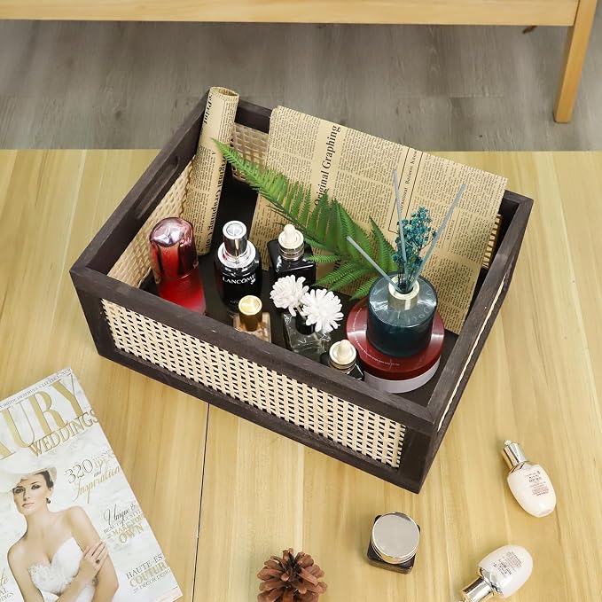 Desktop Storage Basket, Sundry Office Drawer Storage Box, Wood Frame Storage Basket. (Brown-Large) - Image 7