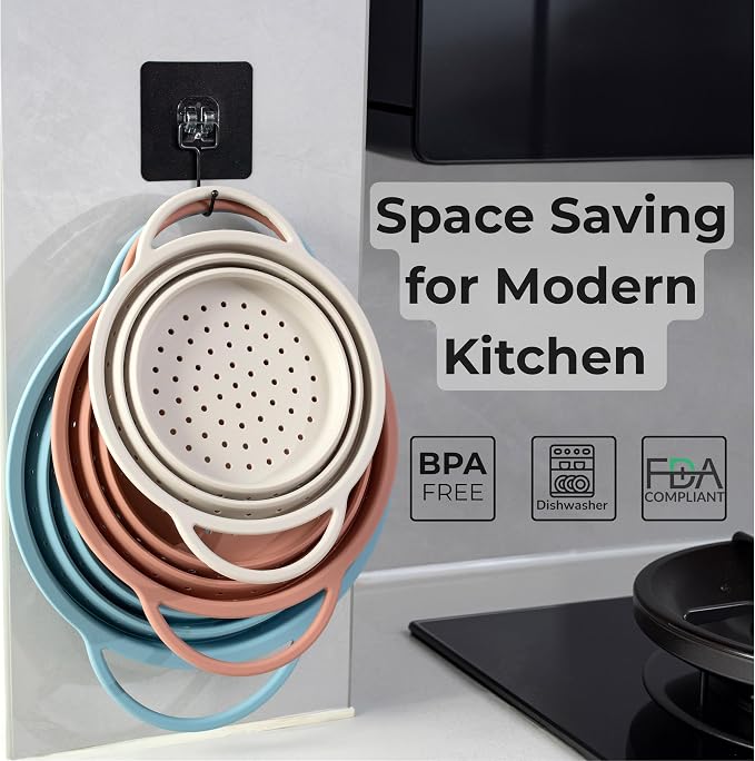 SelectShen™ Collapsible Silicone Colander Set, Stainless Steel Rim (3 Pk) | Heat-resistant, dishwasher-safe platinum silicone strainers. Sturdy stainless steel rim. BPA-free, space-saving, set of 3 - Image 8