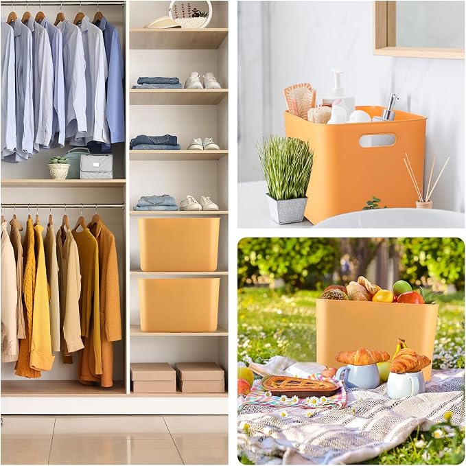 8 Pieces Colorful Storage Bins with Lid, Plastic Storage Basket Organizing Container Stackable Box with Handle for Shelves Desktop Playroom Office(14.2 x 10.2 x 9.5 Inch,Yellow) - Image 7