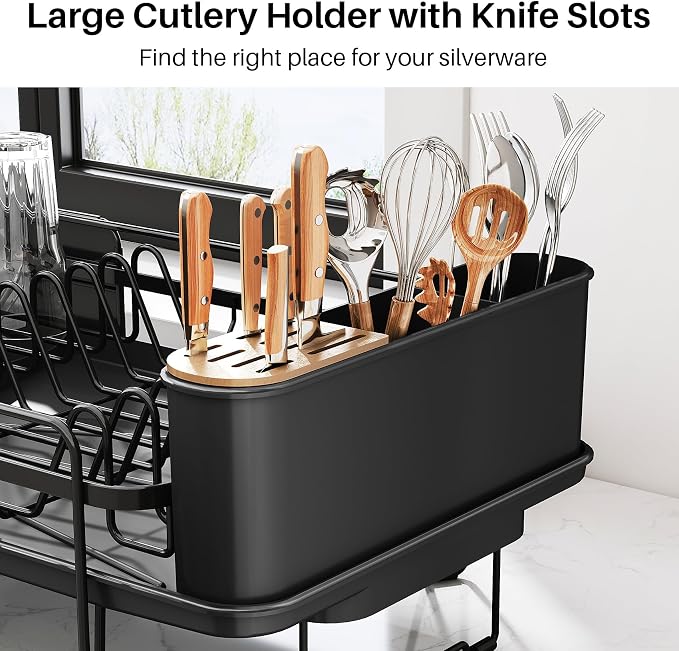 SNTD Large Dish Drying Rack for Kitchen Counter, Expandable, Black | Stainless Steel Dish Drainer, Adjustable Length 18.9''-29.3'', Automatic Drainage, 360° Spout, Cutlery Holder with Knife Slot - Image 9