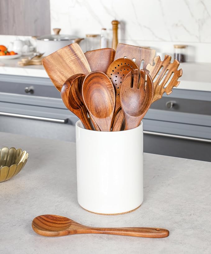 Nucookery Wooden Cooking Utensils Set with Holder, Nonstick Wooden Spoons for Cooking Spatula Set 10 Pcs, Teak Wood Kitchen Utensils Set, Ceramic Utensils Holder for Countertop, White - Image 9