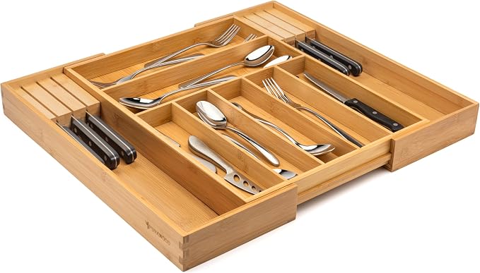 Purawood Bamboo Drawer Organizer with Knife Blocks - Silverware Organizer & Utensil Drawer Organizer, Cutlery Tray with Dividers, 7-9 Slots- Premium Kitchen Organizer for Utensils & Flatware (Natural) - Image 5