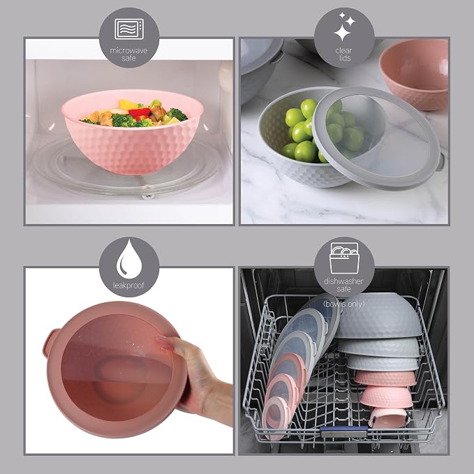 COOK WITH COLOR Mixing Bowls with Lids - 12 Piece Plastic Nesting Bowls Set includes 6 Prep Bowls and 6 Lids, Microwave Safe Mixing Bowl Set, Pink Embossed - Image 9