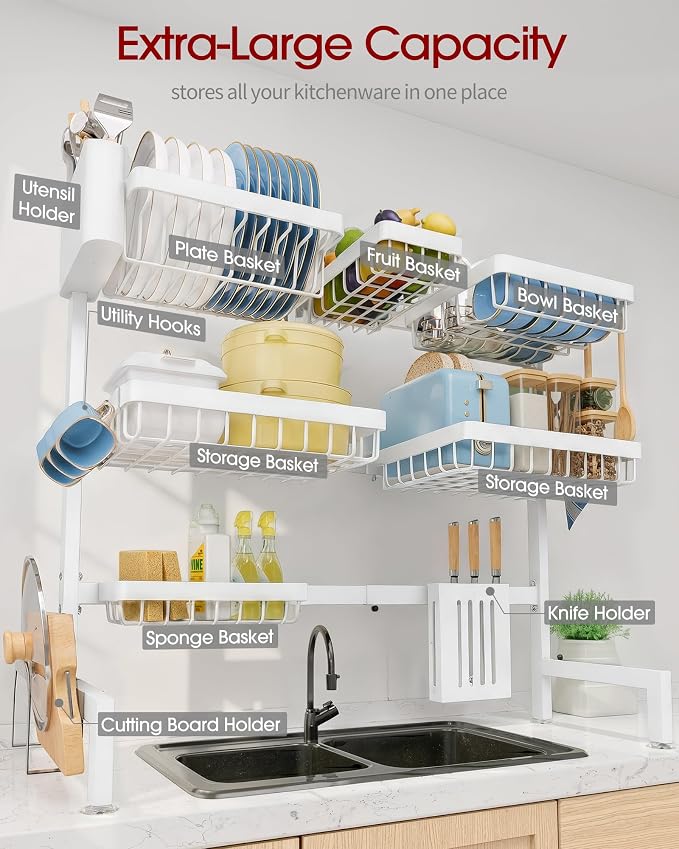 Sakugi Dish Drying Rack Over The Sink, Dish Drainer for Kitchen Counter | Stainless Steel Storage Organizer with Utensil Knife Holder & Hooks, Adjustable 11.8"Dx31.5"~39"Wx30"H, White - Image 4