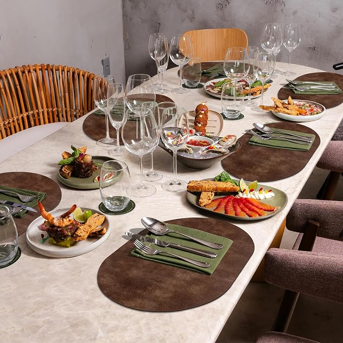ADRIMER Placemats, Heat Resistant Oval Placemats Set of 12 Washable 12 x 17 Inch, Waterproof Table Mats, Wipeable Pu Place Mats for Kitchen, Dining Room, Brown - Image 7