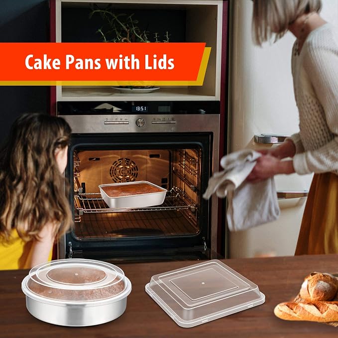 TeamFar Stainless Steel Bakeware Set of 8 | Baking Sheet and Rack, Lasagna Pan with Lid, Square & Round Cake Pan with Lid, Muffin Pan & Loaf Pan, Pizza Pan, Healthy - Image 7