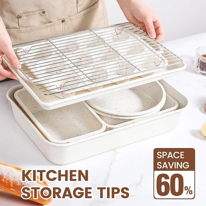 Vinino 8-Piece Baking Pans Set Nonstick, Bakeware Set includes Silicone Muffin, Loaf, Cake Pans with Metal Reinforced Frame, and Carbon Steel Roasting Pan, Cookie Sheet, Cooling rack for Oven-Cream - Image 8