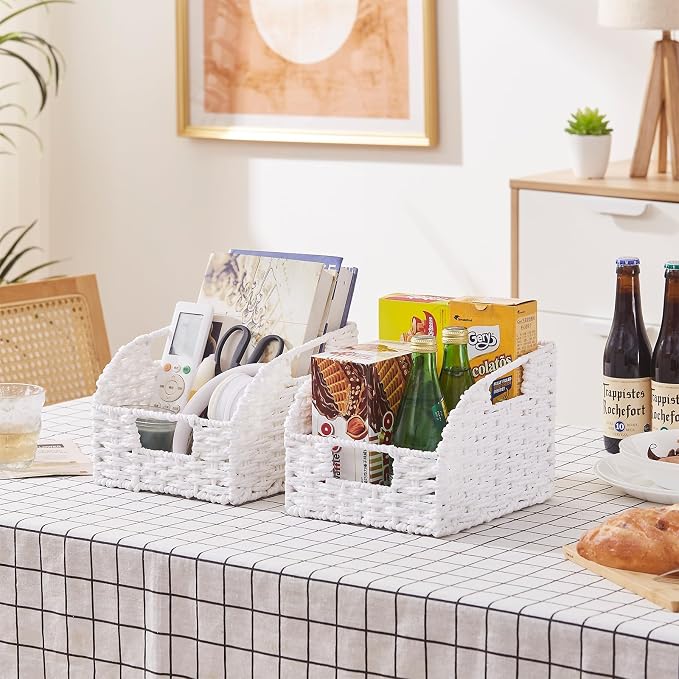 OIAHOMY Pantry Baskets for Organizing, Paper Rope Baskets with Built-in Handles, Wicker Storage Bints for Shelves, 2 Pack-White - Image 8