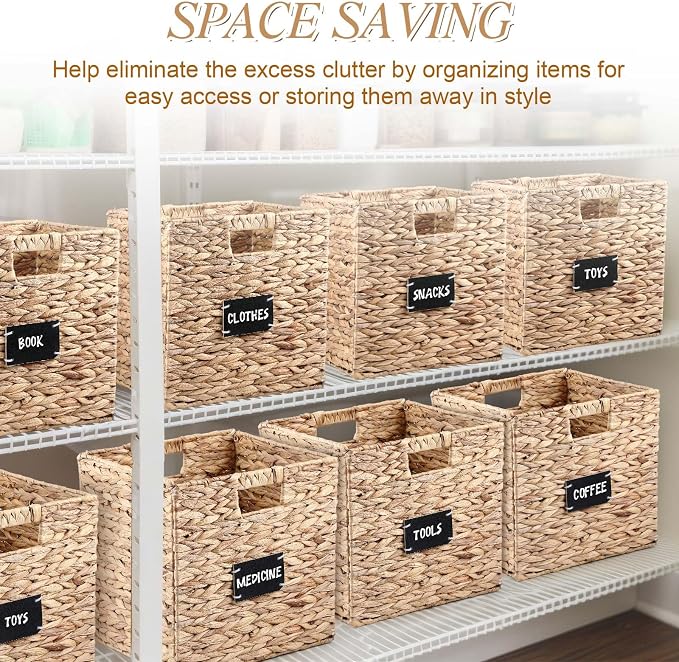 Jinei 12 Pcs Wicker Storage Basket Bulk, 10 x 10 x 10 Inch Handwoven Hyacinth Folding Cube Bin with Handles Labels for Shelves Pantry Laundry Organization - Image 7