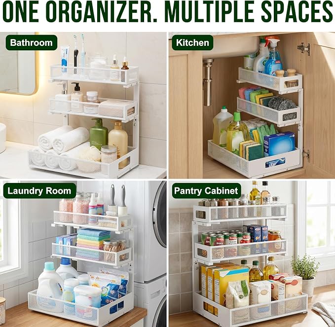 3 Tier Under Sink Organizer,2 Pack Pull Out Cabinet Shelves with Adjustable Height,Heavy Duty Carbon Steel L-Shaped Storage for Kitchen Bathroom Sink,Pantry & Laundry,White - Image 9