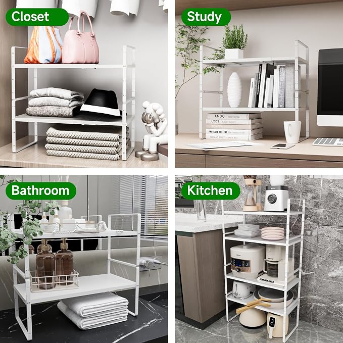 Expandable Adjustable Atackable Kitchen Cabinets Organizer | 80 lb Heavy Duty Metal Pantry Storage Shelves Racks for kitchen, Small Cupboard Organizers with 4 Height Levels - Image 7