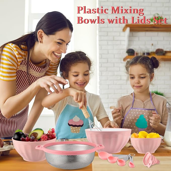 4 Pcs Mixing Bowls with Lids Plastic Nesting Bowls Set with Stainless Steel Colander 8 Pcs Measuring Cups and Spoons Set and Foldable Kitchen Funnel for Kitchen Cooking Accessories (Pink) - Image 7